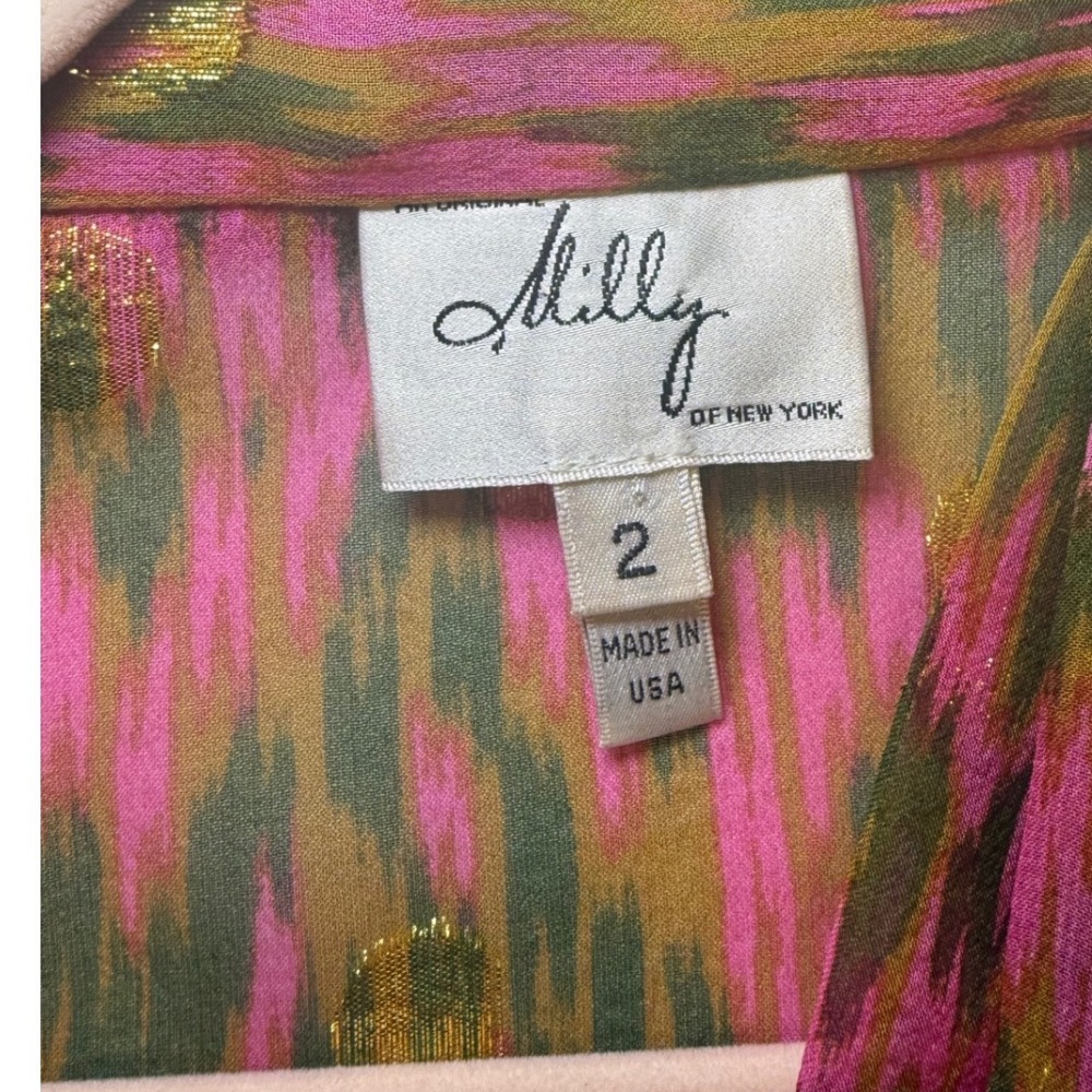 Milly of New York Silk Tie Neck Ruffle Blouse Pink Green Gold Metallic Luxe  2 - Picture 3 of 10